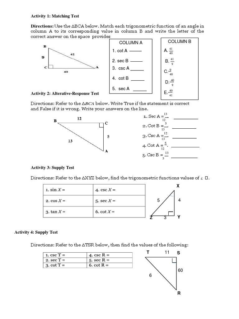 Sohcahtoa Worksheet Answer Key