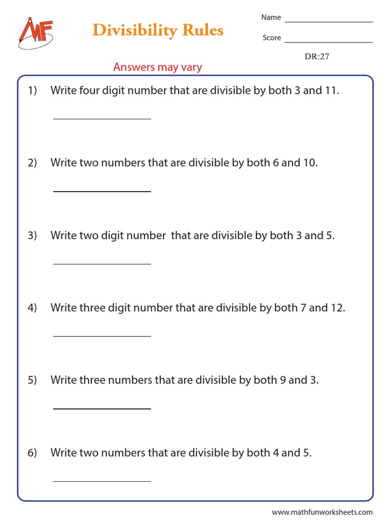 Divisibility Rules Worksheet PDF