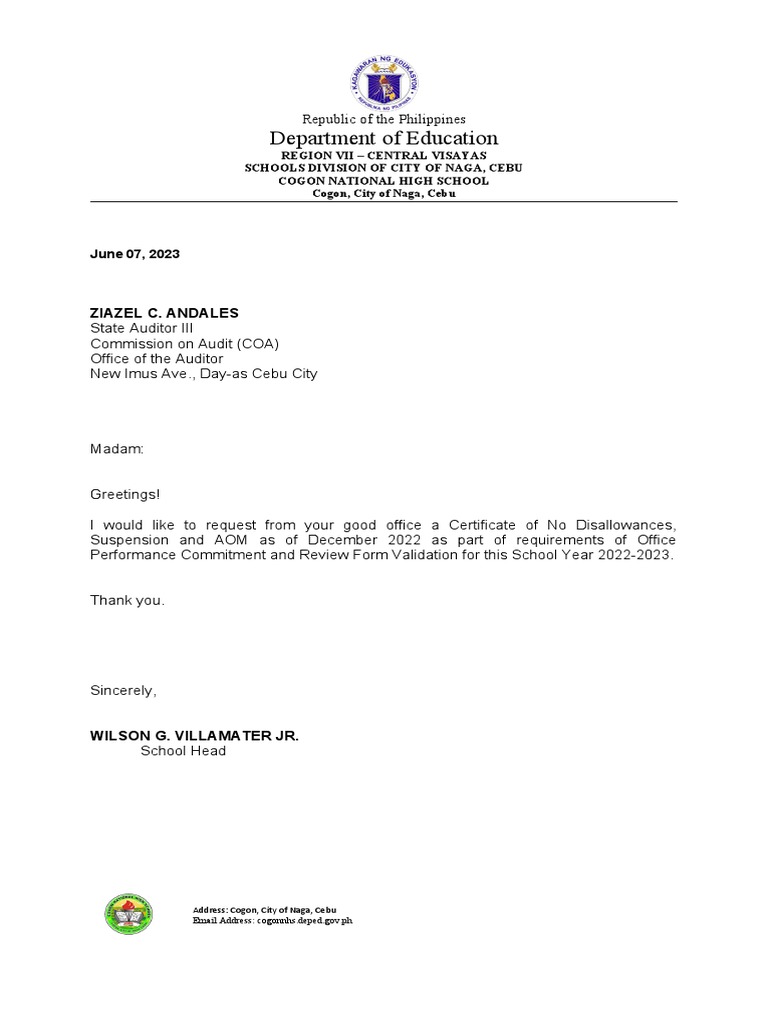 Request for COA Certificate of No Disallowances | PDF