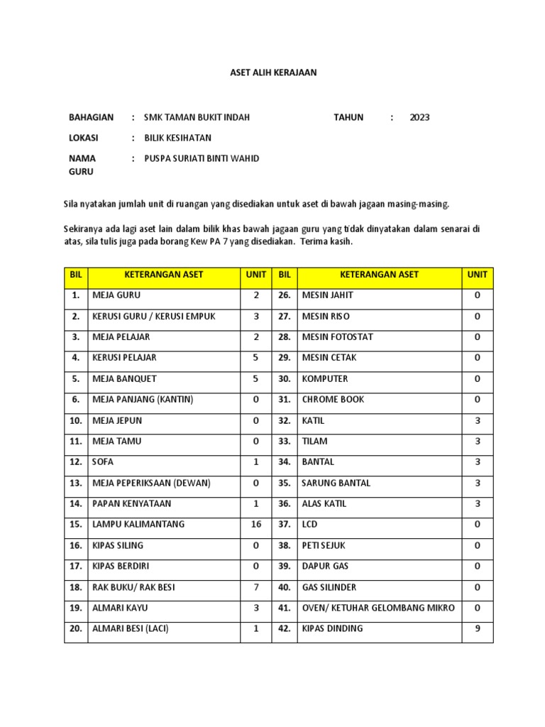 BORANG SENARAI ASET | PDF