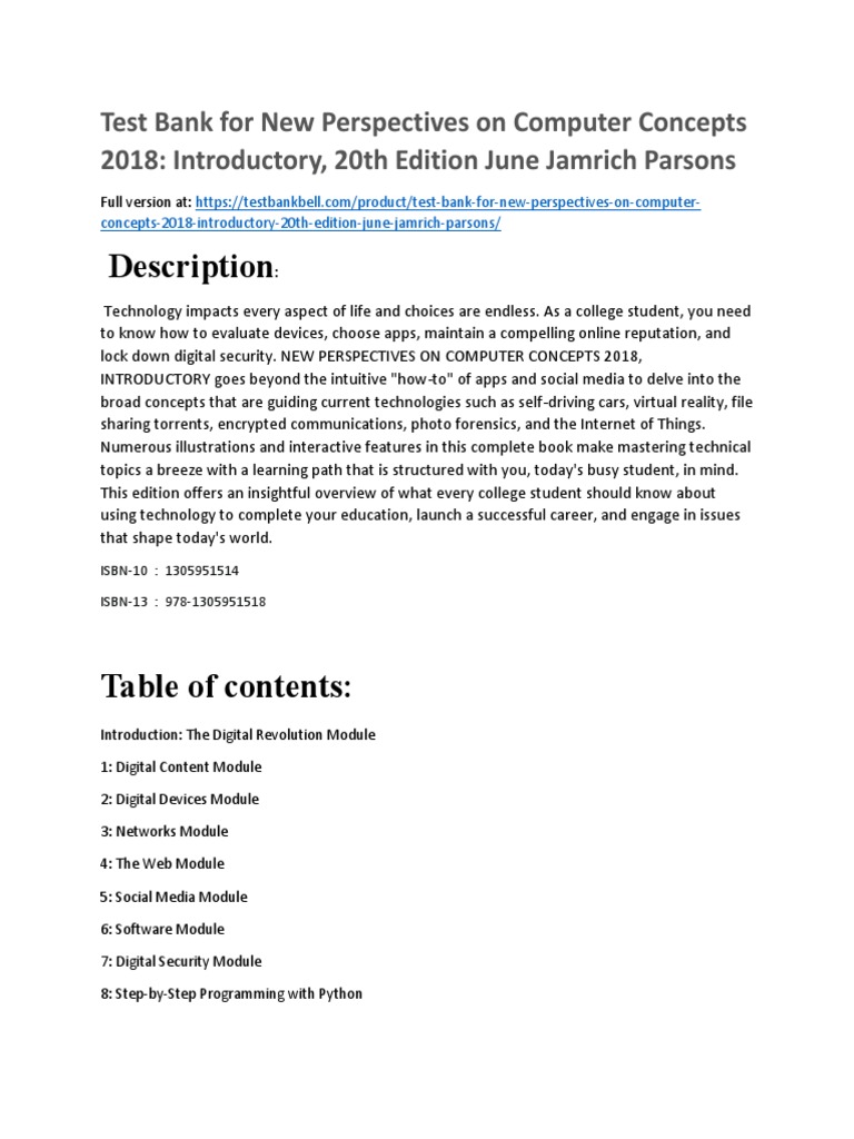 Test Bank For New Perspectives On Computer Concepts 2018 Introductory 20th Edition June Jamrich