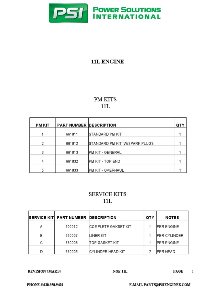11L Engine Service Kits Overview | PDF | Piston | Screw
