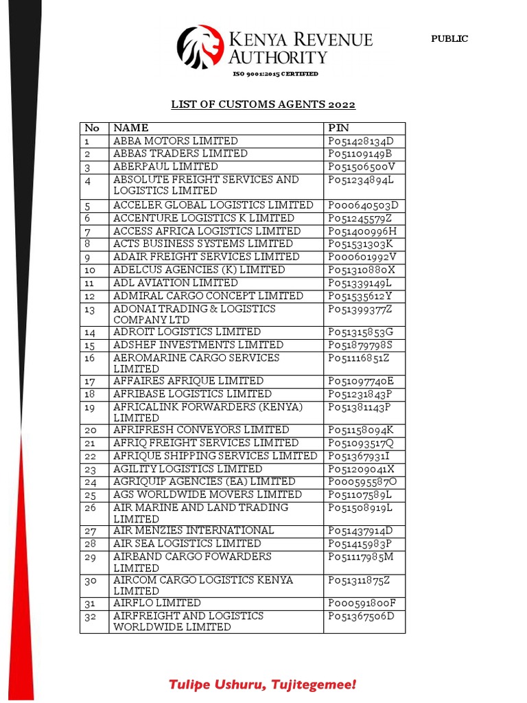 List of Customs Clearing Agents PDF Cargo Cargo Ship