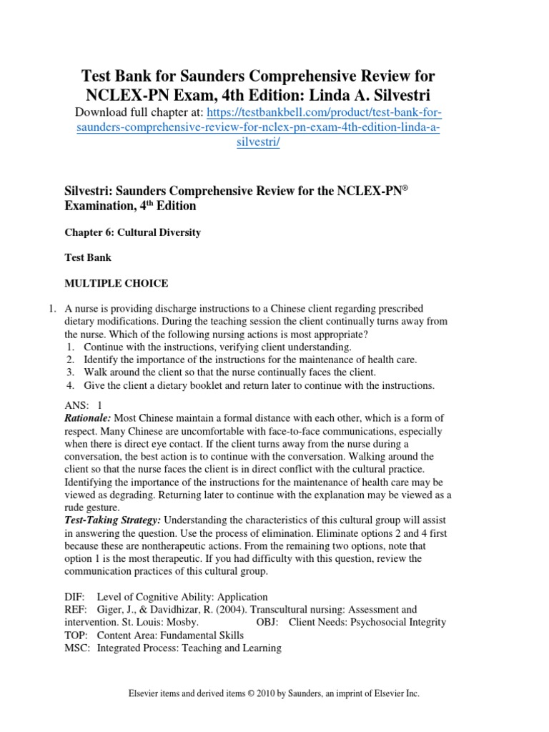 Test Bank For Saunders Comprehensive Review For Nclex PN Exam 4th