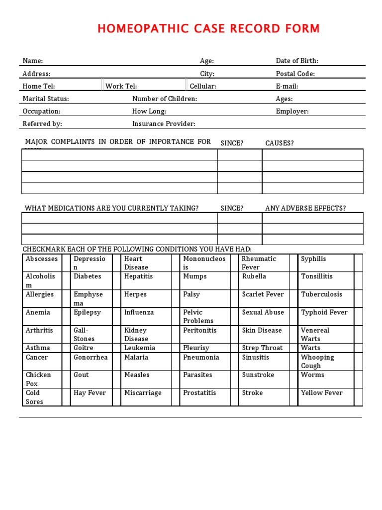 Homeopathic Case Record Form | PDF