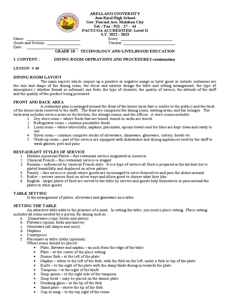 Grade10Lesson 40 Dining Room Operations and Procedures ContinuationAuJrhsMrsPagAsa