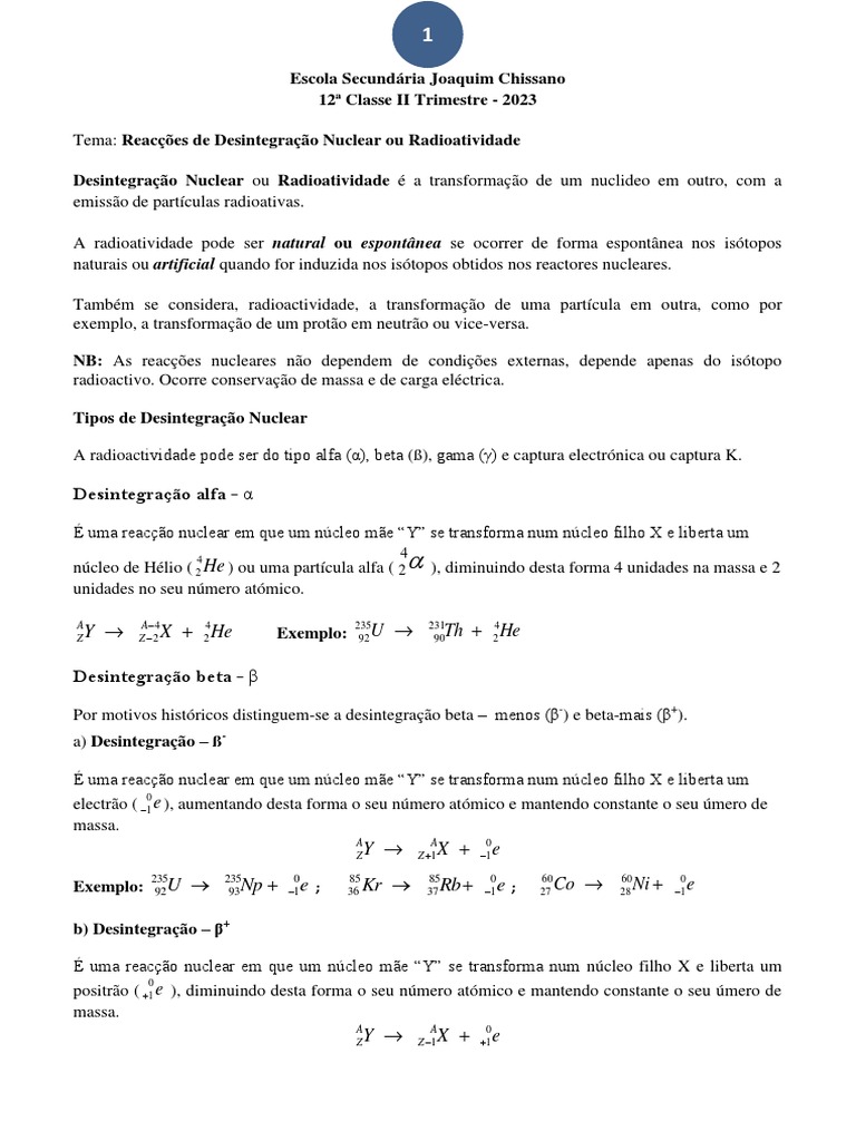 Reações De Desintegração Nuclear 2023 Pdf 