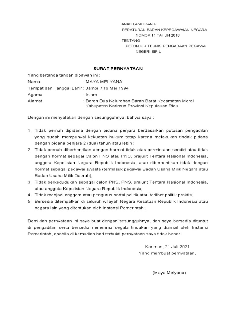 surat pernyataan CPNS 2021 | PDF