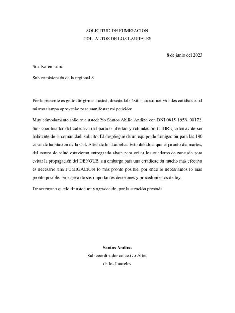 Solicitud Fumigacion, Altos de Los Laureles | PDF