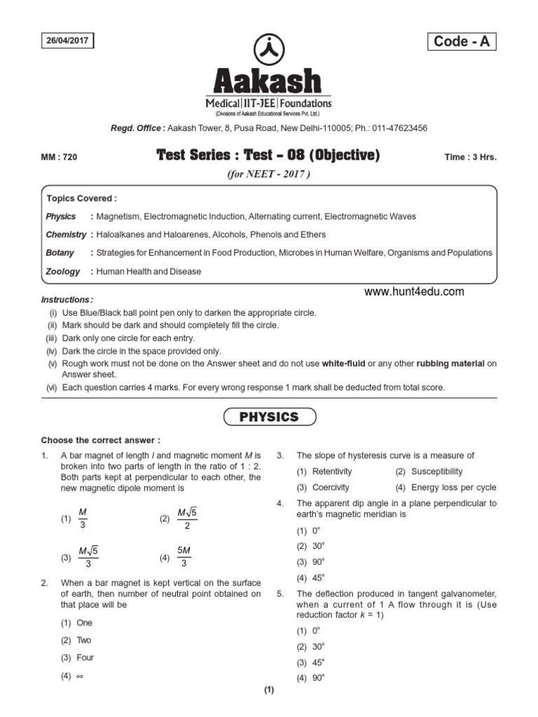 NEET 2017 Physics Test Series 08 | PDF | Inductance | Inductor