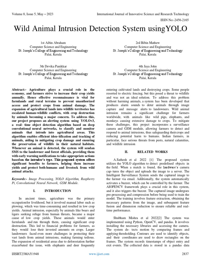 Wild Animal Intrusion Detection System usingYOLO | PDF