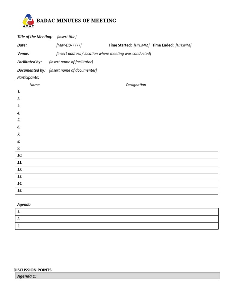 Badac form minutes of meeting pdf