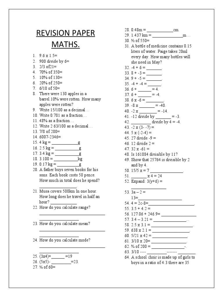 REVISION PAPER MATHS Year 7 PDF