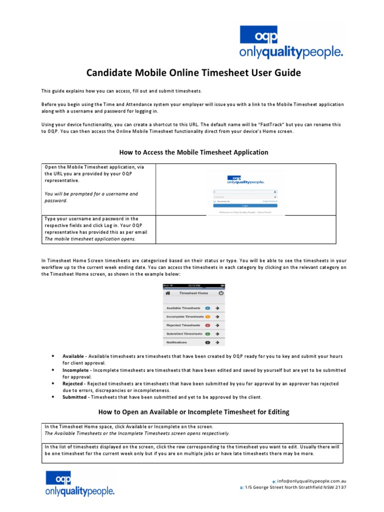 Candidate Mobile Online Timesheet User Guide PDF User