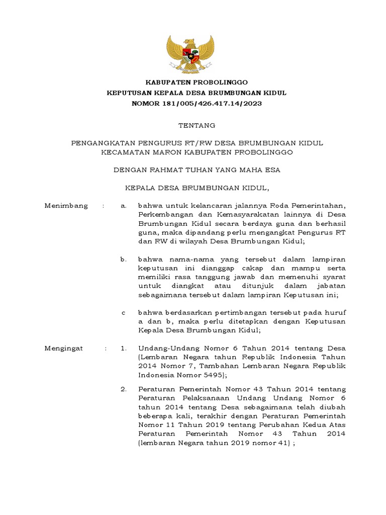 SK Pengangkatan Pengurus RT/RW 2023 | PDF