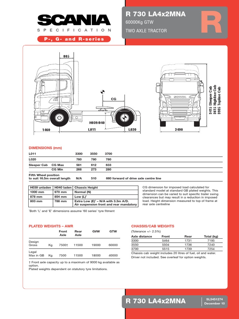 Spec Sheet Scania R730la4x2mna PDF Axle Manual Transmission