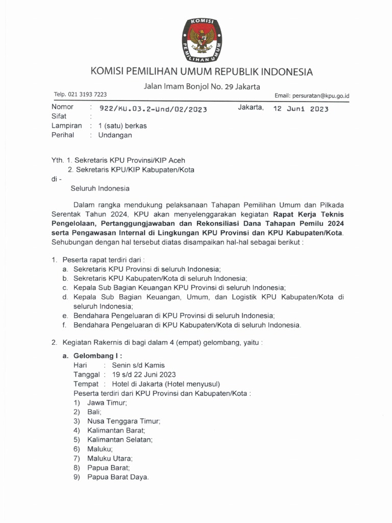 Und. 922 - Undangan Prov, Kab, Kota Kegiatan Rakernis | PDF