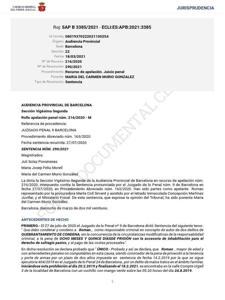 SAP B 3385 2021 Quebrantamiento Condena | PDF | Sentencia (ley