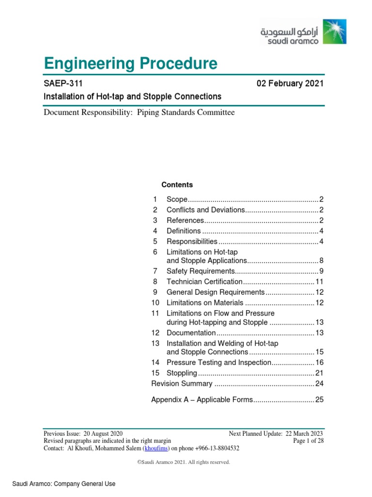 SAEP-311: Hot-tap & Stopple Procedures | PDF