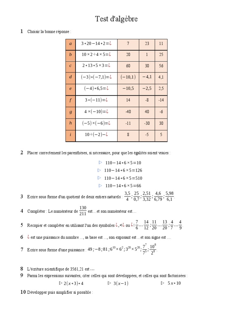 Test d'algèbre pour 2AC | PDF | Mathématiques | Mathématiques élémentaires