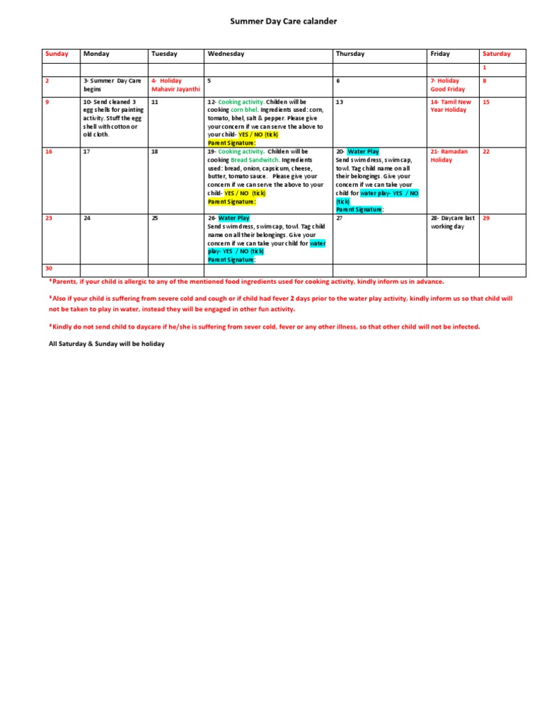 Daycare Month Calander | PDF