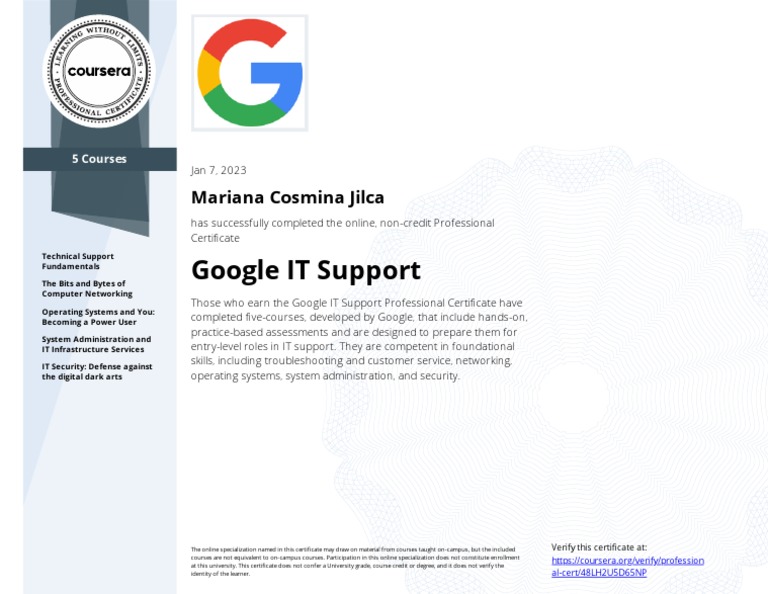 Google IT Support Certificate Completion | PDF | Career & Growth