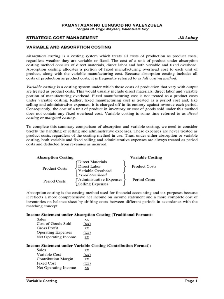 Variable vs Absorption Costing Explained | PDF | Inventory | Cost Of ...