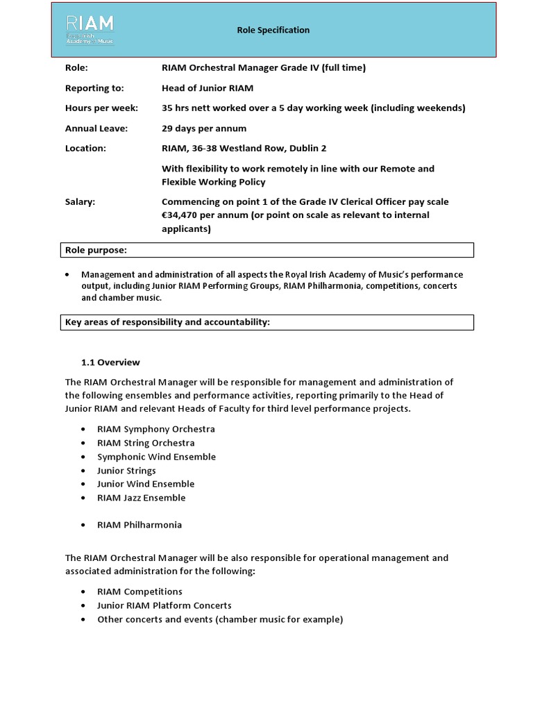 Grade IV RIAM Orchestral Manager Job Specification PDF Orchestras