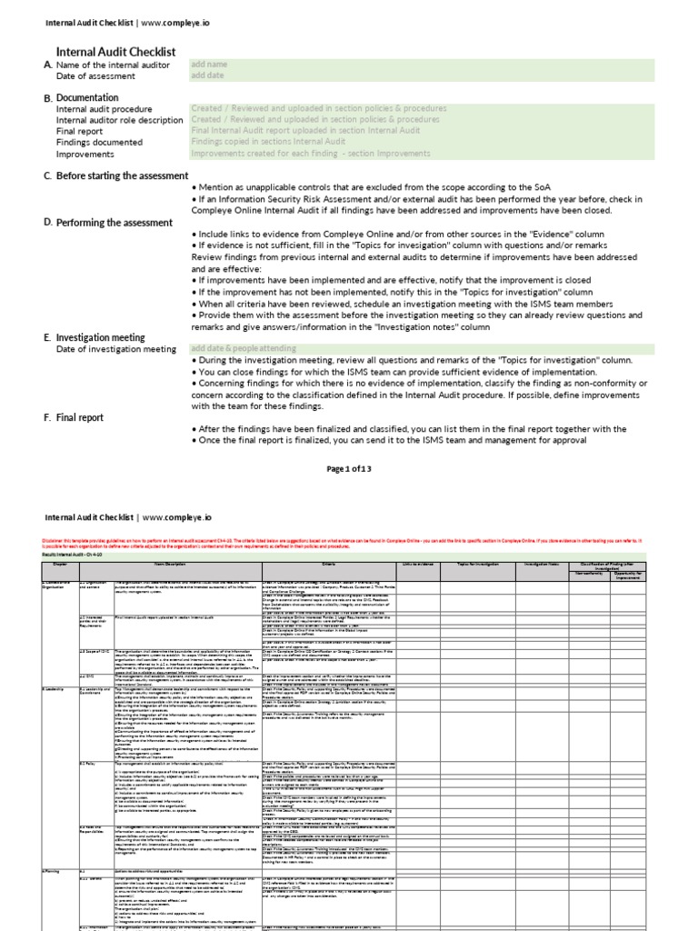 Internal Audit Checklist Template | PDF | Information Security | Risk