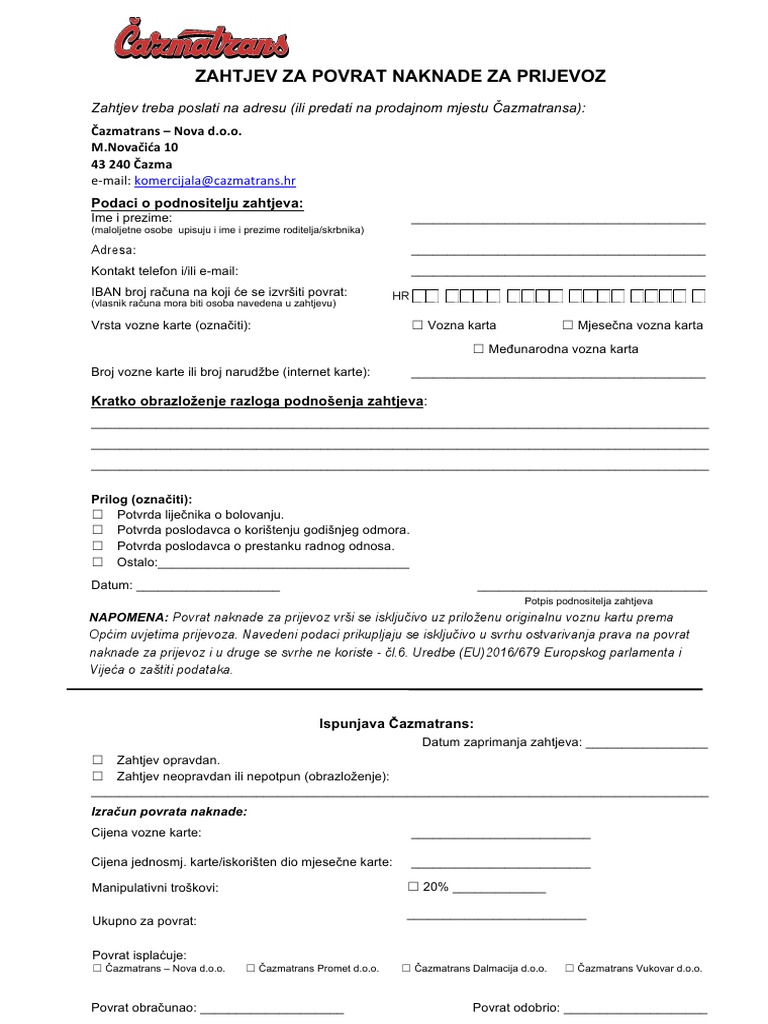 Zahtjev Za Povrat Naknade Za Prijevoz 20180727 | PDF