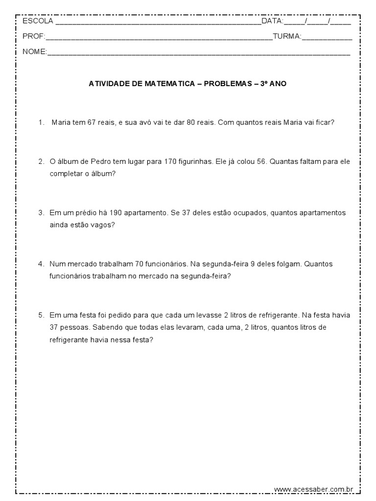 Atividade de Matematica Problemas 3º Ano Modelo Editavel | PDF