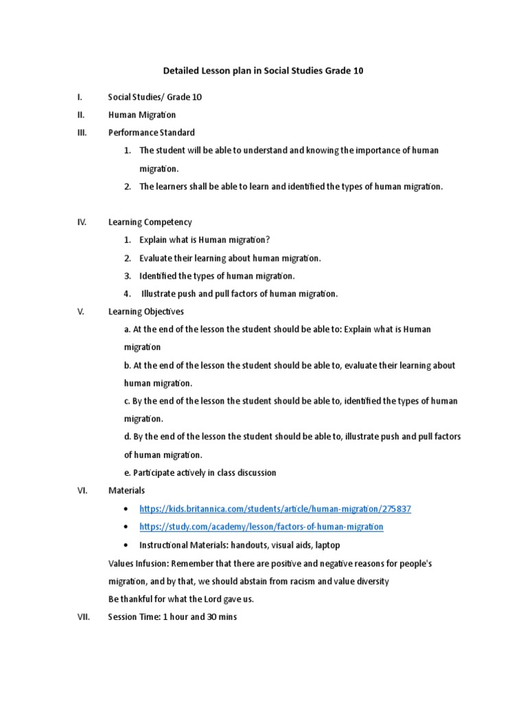 Grade 10 Lesson Plan: Human Migration | PDF | Human Migration | Lesson Plan
