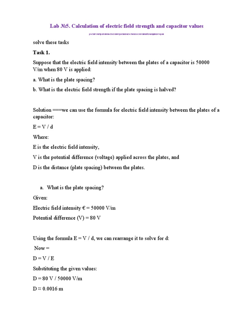 Lab 5. Calculation of Electric Field Strength and Capacitor Values