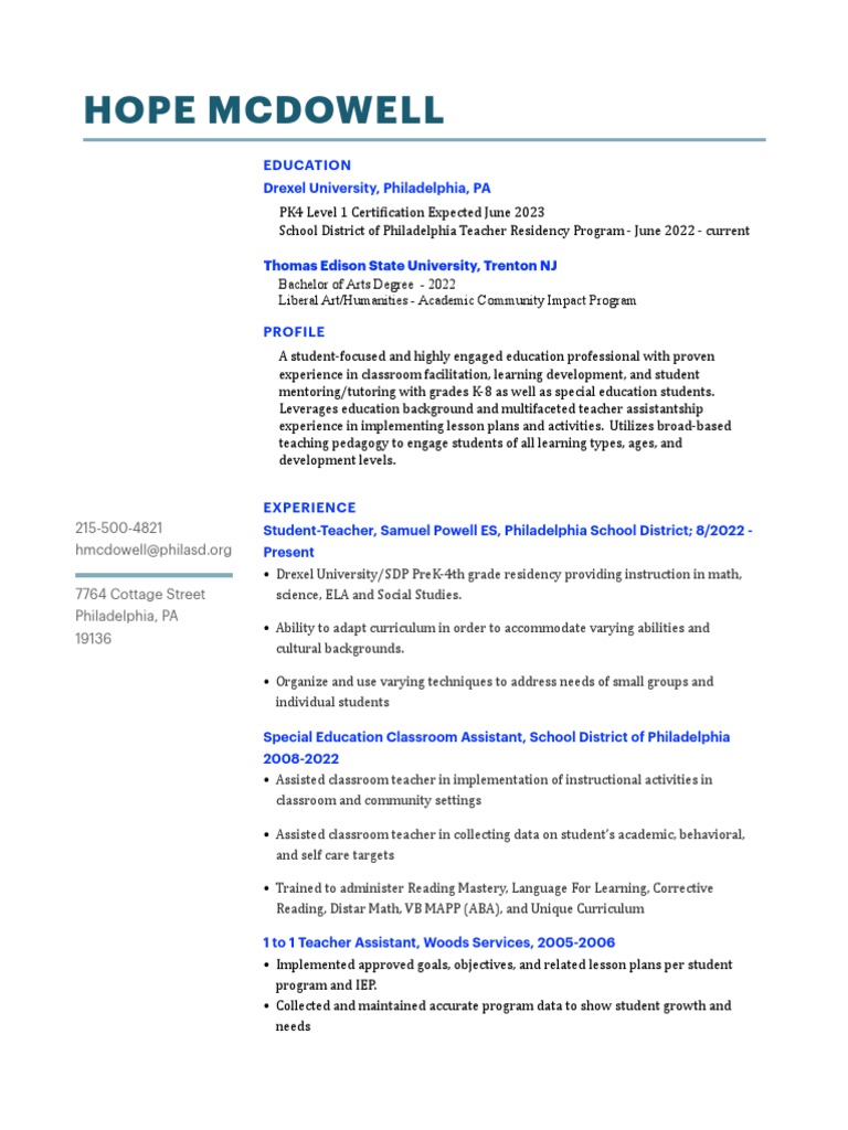 Hope McDowell Resume PDF Teachers Special Education