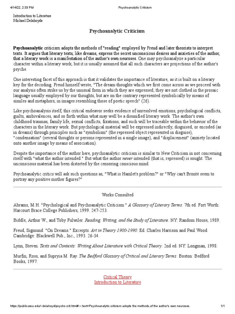 Psychoanalytic Criticism Explained | PDF | Psychoanalysis | Psychology
