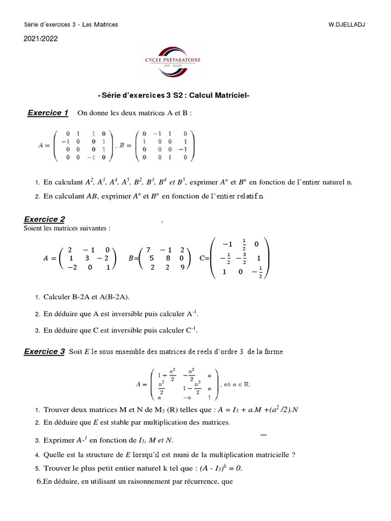 Exercices Corrigés sur les Matrices | PDF | Matrice (Mathématiques ...