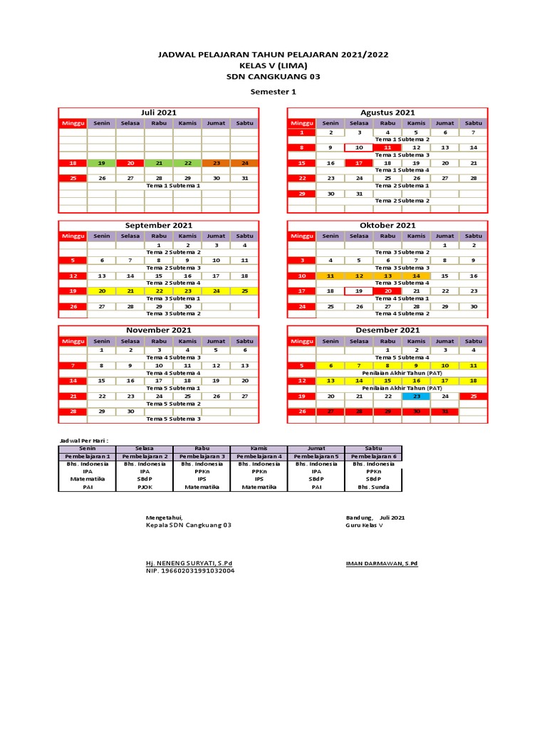 Jadwal Pelajaran Kls. 5 SDN Cangkuang 03 2021-2022 | PDF