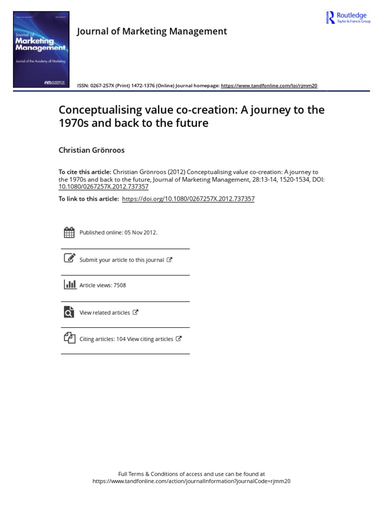 Conceptualising Value Co Creation A Journey To The 1970s and Back To ...