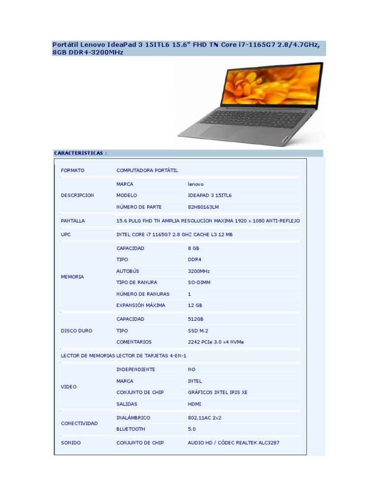 Lenovo IdeaPad 3 15ITL6: Especificaciones | PDF | USB | Unidad de ...