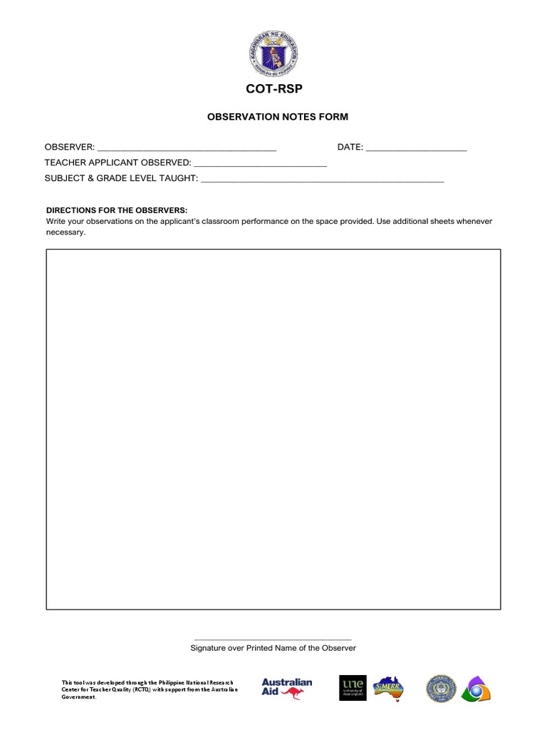Annex k cot rsp observation notes form pdf