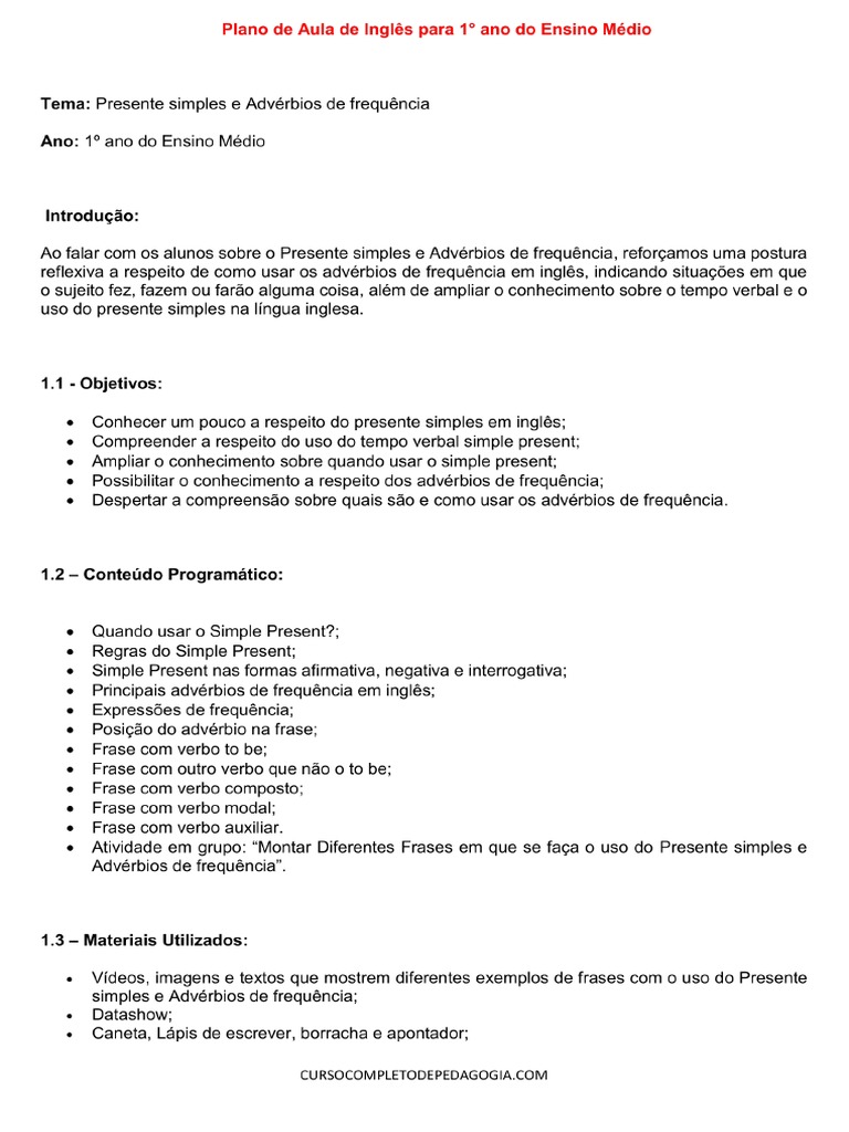 Plano de Aula de Ingles para 1° Ano Do Ensino Medio | PDF