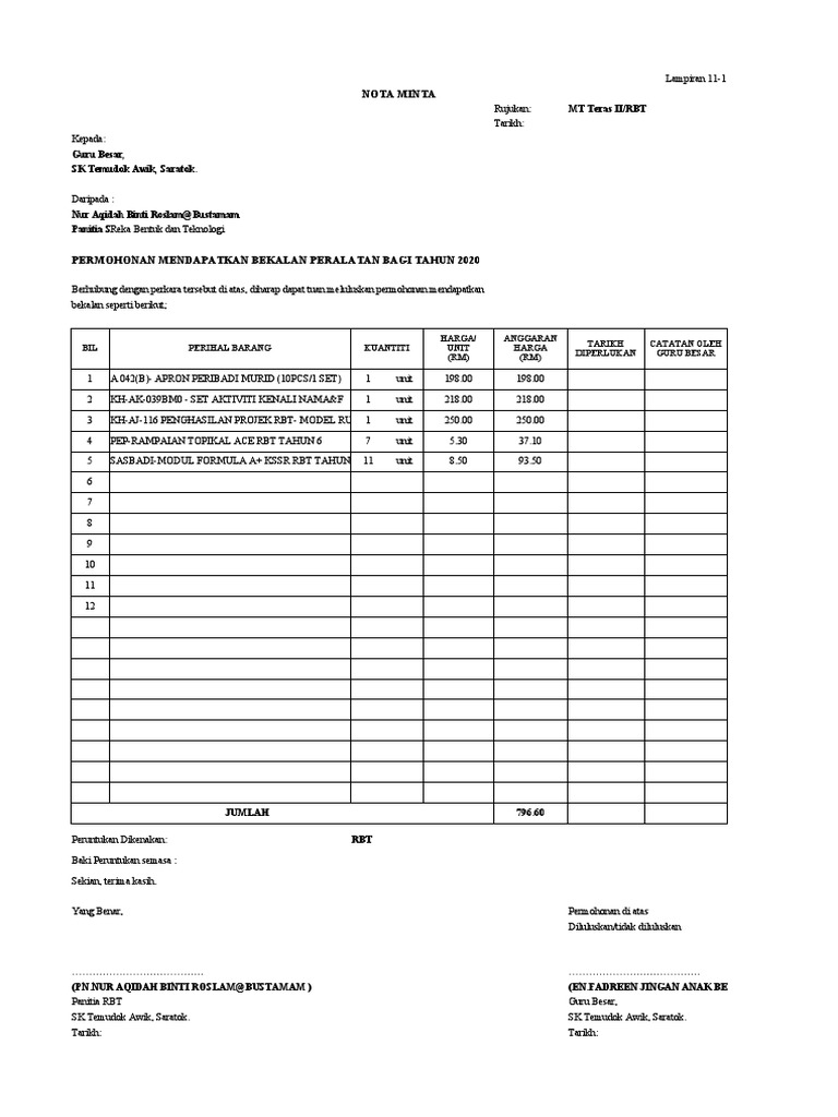 Nota Minta RBT 2020 | PDF