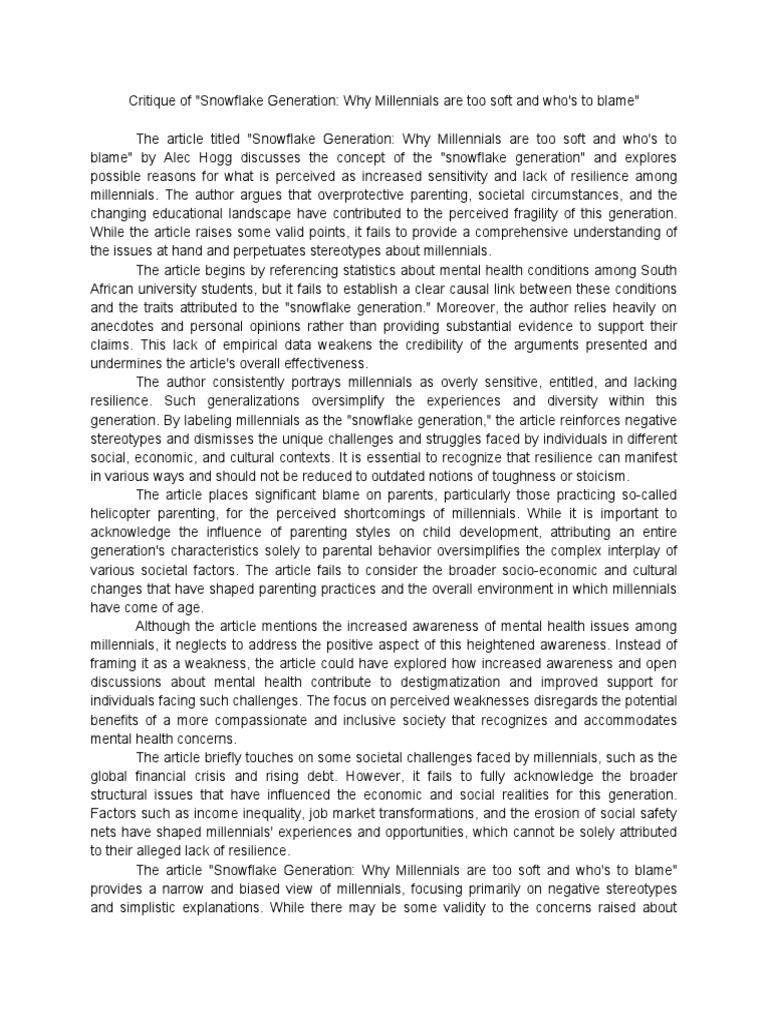 Critique of Snowflake Generation Why Millennials Are Too Soft and