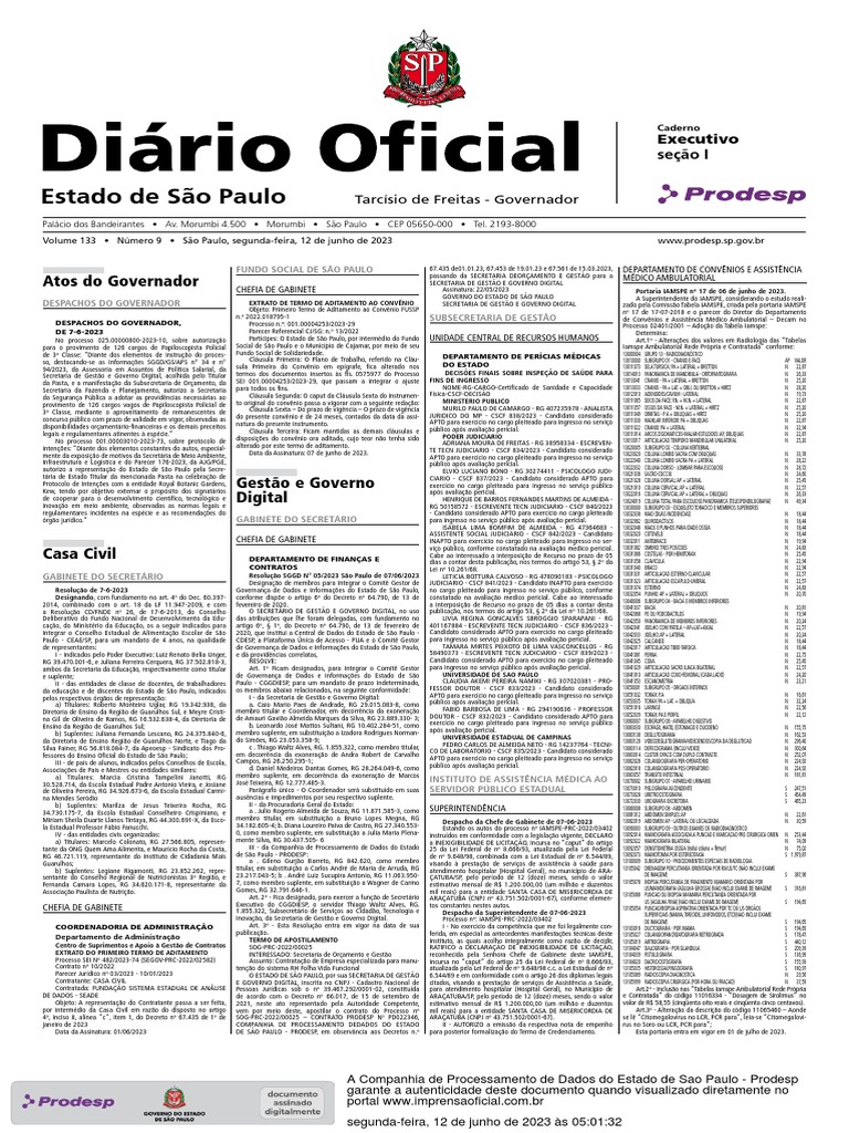 Diário Oficial do Estado de São Paulo - 12 de Junho de 2023 - exec1 ...