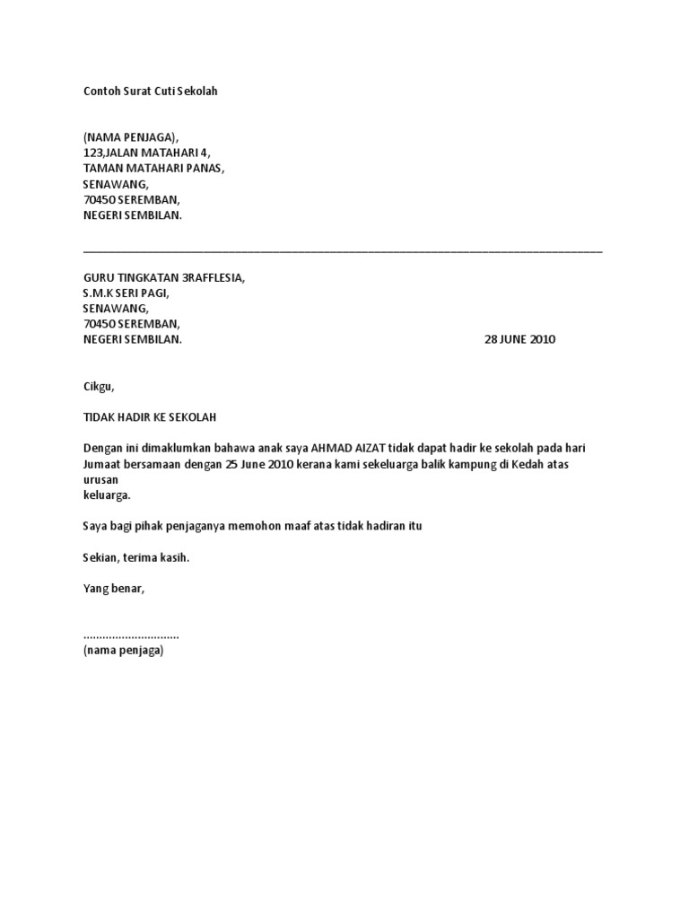 Contoh Surat Cuti Sekolah Pdf