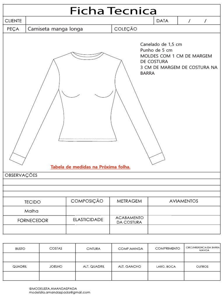 Ficha Tecnica Camiseta Manga Longa 1 | PDF