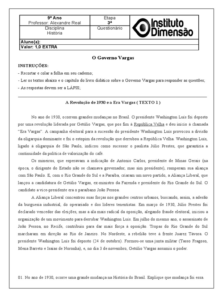 Atividades sobre a Era Vargas - 9º Ano | PDF | Brasil | Governo