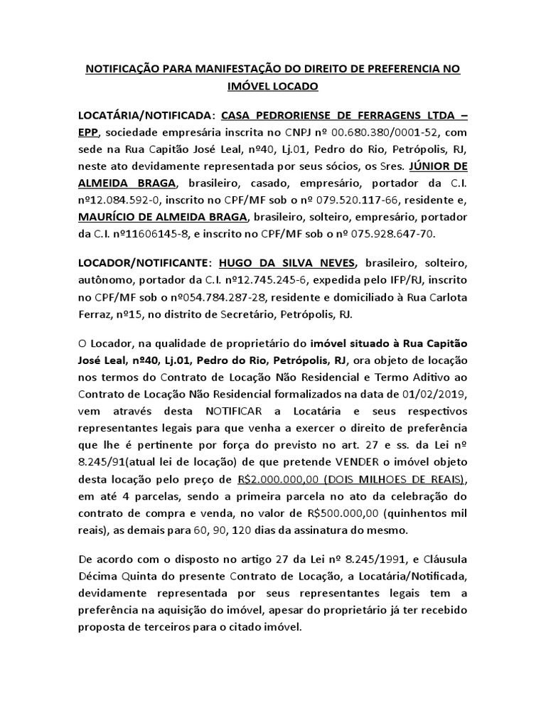 Notifica o De Direito De Prefer ncia PDF