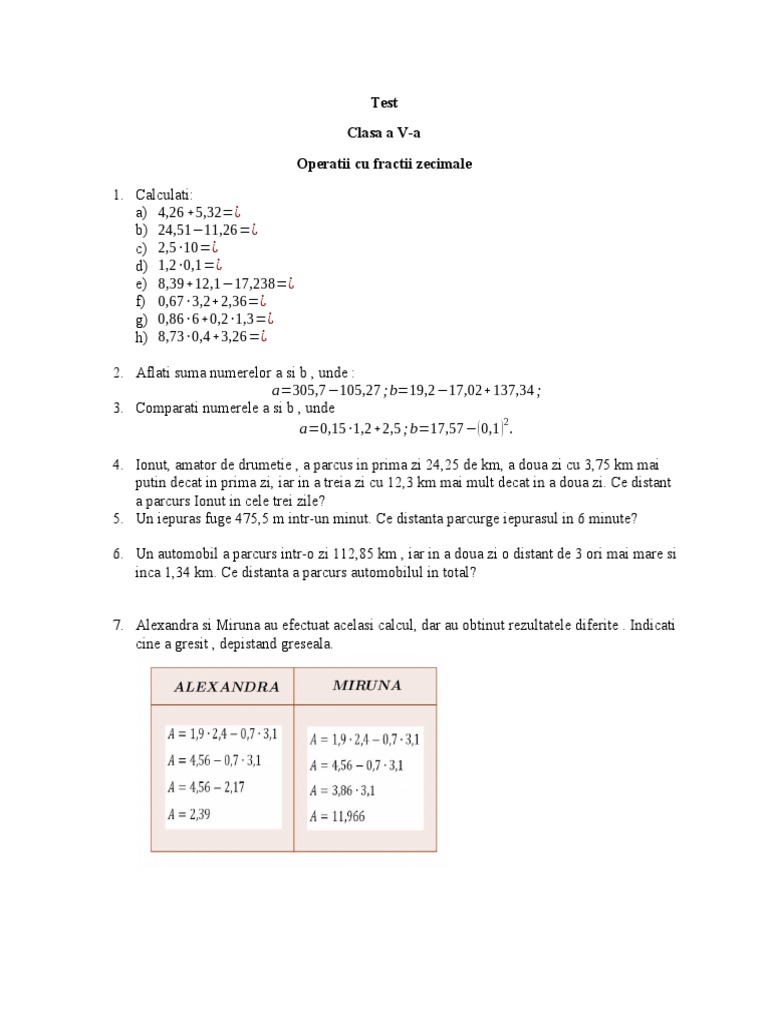 Test Operatii Cu Fractii Zecimale | PDF