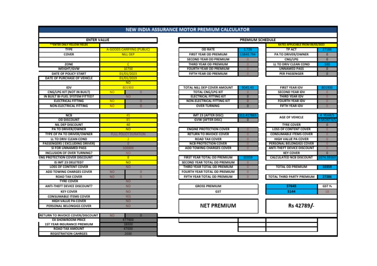 New India Assurance Motor Premium Calculator | PDF